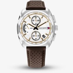 Tommy Hilfiger Mens Cole Chronograph White Dial Leather Strap Watch 1792270