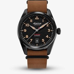 Alpina Mens Startimer Pilot Automatic Black Dial Leather Strap Watch AL-525BW4SB36