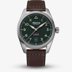 Alpina Mens Startimer Pilot Automatic Khaki Dial Leather Strap Watch AL-525KW4S36