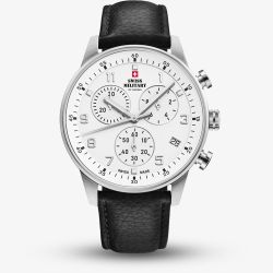 Swiss Military Mens Minimalist Chronograph White Dial Black Leather Strap Watch SM34114.09