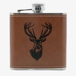 Stainless Steel & Brown Leatherette Deer 6oz Hip Flask HF-07