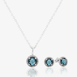 Sterling Silver Blue Crystal Pendant & Stud Earrings Jewellery Set E613040-4 + SS52-P