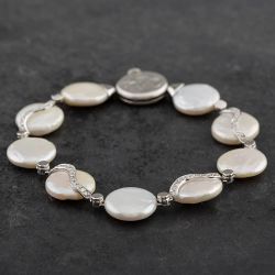 Second Hand 18ct White Gold Freshwater Pearl & Brilliant Cut Diamond Bracelet 4107228