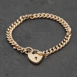 Second Hand 9ct Yellow Gold Heart Padlock 7 Inch Curb Chain Bracelet 41081251