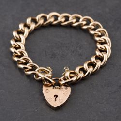 Second Hand 9ct Rose Gold Heart Padlock Chunky 8 Inch Curb Chain Bracelet 41081269