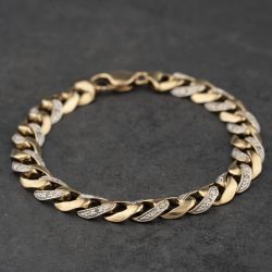 Second Hand 9ct Two Colour Gold Diamond Set 8.5 Inch Curb Chain Bracelet 41081343