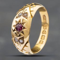Second Hand 18ct Yellow Gold Ruby & Seed Pearl Five Stone Ring 41101415
