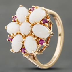 Second Hand Vintage 9ct Yellow Gold Oval Opal & Pink Topaz Cluster Ring 41102205