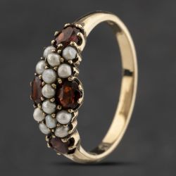 Second Hand 9ct Yellow Gold Garnet & Seed Pearls Dress Ring 41103352