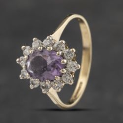 Second Hand 9ct Yellow Gold Amethyst & Cubic Zirconia Cluster Ring 41103356
