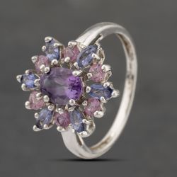 Second Hand 9ct White Gold Amethyst & Lolite,Pink Tourmaline Large Cluster Ring 41103453
