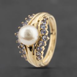 Second Hand 9ct Yellow Gold Cultured Pearl & Tanzanite Dress Ring 41103486
