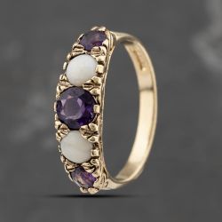 Second Hand 9ct Yellow Gold Amethyst & Opal Five Stone Ring 41103504
