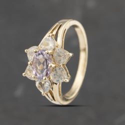 Second Hand 9ct Yellow Gold Amethyst & Rainbow Crystal Flower Cluster Ring 41103511