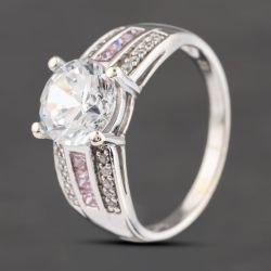 Second Hand 9ct White Gold Cubic Zirconia & Pink Cubic Zirconia Three Row Shoulders Solitaire Ring 41103586