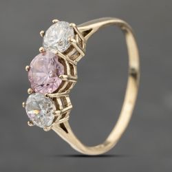 Second Hand 9ct Yellow Gold Pink And White Cubic Zirconia Three Stone Ring 41103652