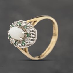 Second Hand 9ct Yellow Gold Opal, Emerald & Cubic Zirconia Oval Cluster Ring 41103870