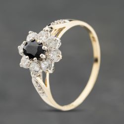 Second Hand 9ct Yellow Gold Sapphire & Cubic Zirconia Flower Cluster Ring 41104139