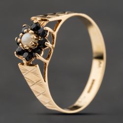 Second Hand 9ct Yellow Gold Sapphire & Pearl Flower Cluster Ring 41104239