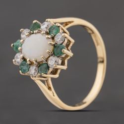 Second Hand 9ct Yellow Gold Opal, Emerald & Cubic Zirconia Oval Cluster Ring 41104282