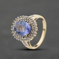 Second Hand 9ct Yellow Gold 2.25ct Tanzanite & White Zircon Oval Cluster Ring 41104336