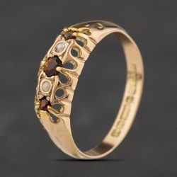 Second Hand Vintage 9ct Yellow Gold Seed Pearl & Garnet Five Stone Ring 41104505