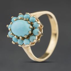 Second Hand 9ct Yellow Gold Turquoise Oval Flower Cluster Ring 41104510