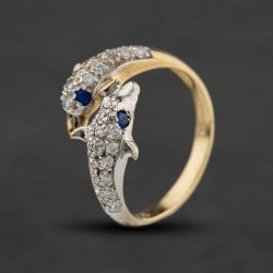 Second Hand 9ct Two Colour Gold Cubic Zirconia & Synthetic Blue Spinel Dolphin Crossover Ring 41104681