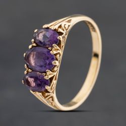 Second Hand 9ct Yellow Gold Amethyst Three Stone Ring 41104853