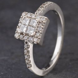 Second Hand 9ct White Gold 0.52ct Diamond Baguette And Brilliant Square Cluster Ring 4112273