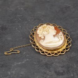 Second Hand Vintage 9ct Yellow Gold Cameo Filigree Oval Brooch 41131090