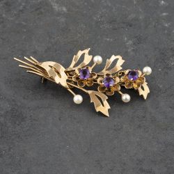 Second Hand 9ct Yellow Gold Amethyst & Akoya Cultured Pearl Foliate Brooch 41131137