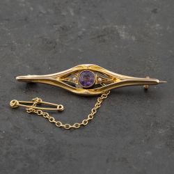 Second Hand 15ct Yellow Gold Amethyst & Seed Pearl Brooch 41131146