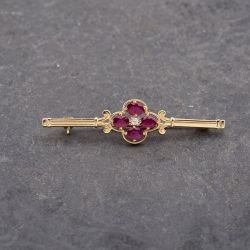 Second Hand 9ct Yellow Gold Ruby & 0.03ct Diamond Flower And Bar Brooch 41131155