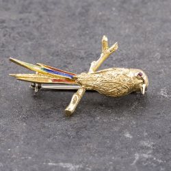 Second Hand 18ct Yellow Gold Ruby Bird With Coloured Enamel Feathers Brooch 41131158