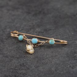 Second Hand Vintage Yellow Gold Turquoise & Freshwater Pearl Brooch 41131178