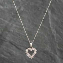 Second Hand 9ct White Gold Diamond Heart Pendant & 18 Inch Prince Of Wales Chain 41141278