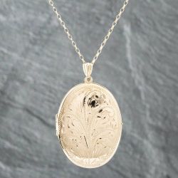 Second Hand 9ct Yellow Gold Large Oval Hand Engraved Locket Pendant & 24 Inch Belcher Chain 41141944
