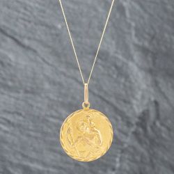 Second Hand 9ct Yellow Gold Round St Christopher Pendant & 18 Inch Curb Chain 41142018