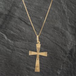 Second Hand Yellow Gold Large Engraved Cross Pendant & 18 Inch Box Chain 41142121