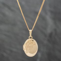Second Hand 9ct Yellow Gold Oval Part Engraved Locket Pendant & 20 Inch Curb Chain 41142155