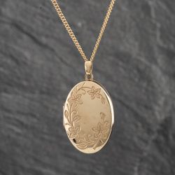 Second Hand 9ct Yellow Gold Oval Engraved Flowers Edge Locket Pendant & 18 Inch Curb Chain 41142207