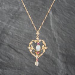 Second Hand Vintage Yellow Gold Seed Pearl Ruby And Opal Ornate Fleur Di Lis Pendant & 16 Inch Trace Chain 41142225