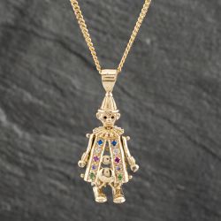 Second Hand 9ct Yellow Gold Multi Stone Clown Pendant & 16 Inch Curb Chain 41142300