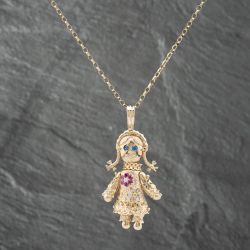 Second Hand 9ct Yellow Gold Multi Stone Large Ragdoll Pendant & 20 Inch Belcher Chain 41142303