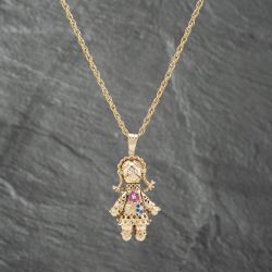 Second Hand 9ct Yellow Gold Multi Stone Medium Ragdoll Pendant & 24 Inch Prince Of Wales Chain 41142304