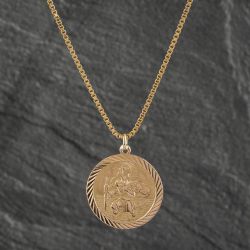 Second Hand 9ct Yellow Gold Round St Christopher Pendant & 16 Inch Box Chain 41142311
