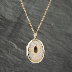 Second Hand 9ct Two Colour Gold Oval Flower Patterned Locket Pendant & 17 Inch Curb Chain 41142324