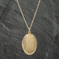 Second Hand 9ct Yellow Gold Hand Engraved Floral Pattern Locket Pendant & 18 Inch Trace Chain 41142346