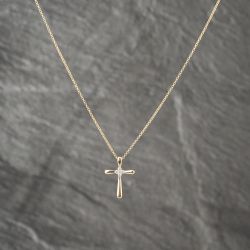 Second Hand 9ct Yellow Gold Diamond Four Cross Pendant & 16 Inch Belcher Chain 41142371